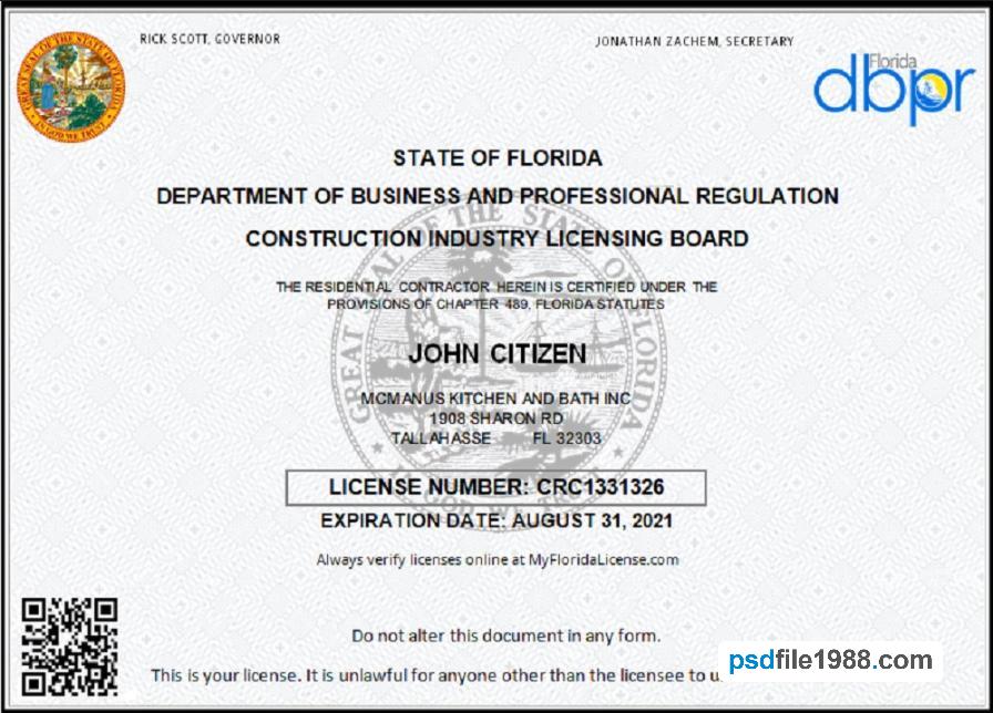 USA Florida Contractor Business License